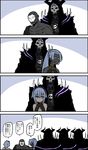  4koma armor assassin_(fate/zero) bandages bangs bare_shoulders blush cloak comic commentary_request dark_skin fate/grand_order fate/prototype fate/prototype:_fragments_of_blue_and_silver fate/stay_night fate/zero fate_(series) female_assassin_(fate/zero) glowing glowing_eyes hairband hassan_of_serenity_(fate) horns king_hassan_(fate/grand_order) long_hair looking_at_viewer mask mekakuri_(otacon250) multiple_boys multiple_girls ponytail purple_eyes purple_hair scrunchie short_hair skull skull_mask speech_bubble translation_request true_assassin 