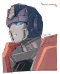  autobot black_sclera blue_eyes colored_sclera dated doong_doo glowing glowing_eyes korean_commentary korean_text mecha mecha_focus orion_pax orion_pax_(transformers_one) robot science_fiction smile transformers transformers_one upper_body white_background 