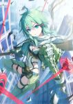  1girl ahoge anti-materiel_rifle aqua_hair belt black_belt black_gloves black_jacket black_leotard black_scarf black_shorts blue_eyes bolt_action boots breasts bullet cityscape cleavage commentary_request falling fingerless_gloves full_body glint gloves green_footwear green_jacket gun hair_ornament hairclip highleg highleg_leotard highres holding holding_bullet holding_gun holding_weapon jacket knee_boots leotard looking_at_viewer medium_breasts medium_hair multicolored_clothes multicolored_jacket open_mouth outdoors parted_lips pgm_hecate_ii rifle scarf shi-ro short_shorts shorts sinon skindentation sniper_rifle solo sword_art_online two-tone_leotard two-tone_scarf weapon white_jacket white_leotard white_scarf 