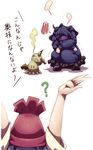  ? face_in_hands gen_7_pokemon hairband hex_maniac_(pokemon) mimikyu mizuki_(pokemon) multiple_girls pokemon pokemon_(creature) pokemon_(game) pokemon_sm pokemon_xy purple_hairband simple_background spoken_blush tokyo_(great_akuta) translation_request white_background 