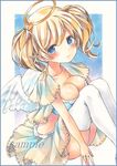  angel bangs blue_bra blue_eyes bra breast_press breasts brown_skirt cleavage closed_mouth colored_pencil_(medium) commentary_request eyebrows_visible_through_hair feathered_wings halo large_breasts light_smile looking_at_viewer marker_(medium) original potto sample sitting skirt smile solo swept_bangs tareme thighhighs thighs traditional_media twintails underwear wavy_hair white_wings wings 