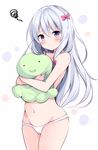  bangs blue_eyes bow cameltoe closed_mouth collarbone commentary_request cowboy_shot embarrassed eromanga_sensei eyebrows_visible_through_hair hair_between_eyes hair_bow highres holding hyurasan izumi_sagiri light_frown long_hair looking_at_viewer navel panties pink_bow silver_hair simple_background solo squiggle stomach stuffed_animal stuffed_octopus stuffed_toy tareme thighs topless underwear underwear_only very_long_hair white_background white_panties 