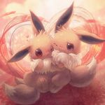  &lt;3 2014 abstract_background ambiguous_gender black_nose blush brown_eyes brown_fur cute duo eevee feral fur hug nintendo one_eye_closed open_mouth pawpads paws pok&eacute;mon smile toycat video_games white_fur 