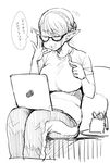  adjusting_eyewear bangs belly blush breasts closed_eyes commentary_request computer cropped_legs eating elf elf-san_wa_yaserarenai. erufuda-san fat_folds food food_on_face french_fries glasses greyscale highres laptop large_breasts monochrome muffin_top pants plump pointy_ears semi-rimless_eyewear shirt short_hair simple_background sitting solo synecdoche t-shirt translation_request under-rim_eyewear white_background 