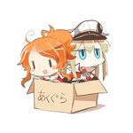  aquila_(kantai_collection) black_gloves blonde_hair blue_eyes box capelet gloves graf_zeppelin_(kantai_collection) hair_between_eyes hat high_ponytail in_box in_container jacket kantai_collection long_hair lowres military military_uniform multiple_girls orange_hair peaked_cap rebecca_(keinelove) red_jacket short_hair sidelocks simple_background twintails uniform white_background 