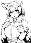 2017 animal_ears bare_shoulders blush bow bowtie cat_ears clenched_hands elbow_gloves eyebrows_visible_through_hair gloves greyscale hair_between_eyes happa_(cloverppd) head_tilt high-waist_skirt kemono_friends looking_at_viewer monochrome number open_mouth paw_pose sand_cat_(kemono_friends) shirt short_hair signature sketch skirt sleeveless sleeveless_shirt solo 