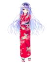 arms_behind_back bangs blue_hair blush bow bowtie eyebrows_visible_through_hair floral_print full_body golden_marriage hayakawa_harui highres japanese_clothes kimono long_hair looking_at_viewer marika_von_wittelsbach obi official_art open_mouth purple_eyes sandals sash solo standing transparent_background 