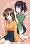  blue_eyes blue_hair brown_eyes brown_hair dated green_hakama green_kimono hakama headband hiryuu_(kantai_collection) japanese_clothes kabocha_torute kantai_collection kimono long_sleeves multiple_girls orange_kimono pink_background remodel_(kantai_collection) short_hair socks souryuu_(kantai_collection) twintails twitter_username white_legwear wide_sleeves 