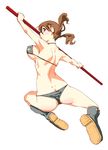  ass back bare_legs bikini boots breasts brown_hair closed_mouth commentary_request covered_nipples from_behind full_body glasses highres holding large_breasts looking_back oono_tsutomu original simple_background solo staff swimsuit twintails white_background 