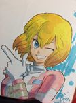  blonde_hair blue_eyes bodysuit dated grin gwen_poole gwenpool highres marker_(medium) marvel nishii_terumi one_eye_closed photo signature smile solo superhero traditional_media upper_body 