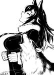  2017 animal animal_ears blazer breasts clenched_hands closed_eyes commentary_request extra_ears from_side fur_collar grey_wolf_(kemono_friends) greyscale happa_(cloverppd) howling jacket kemono_friends large_breasts long_hair looking_up monochrome necktie number open_mouth profile signature sketch wolf wolf_ears 