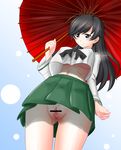  1girl black_hair blush breasts girls_und_panzer grey_eyes isuzu_hana large_breasts nandemo_kanden no_bra no_panties no_underwear parasol pussy school_uniform skirt smile solo underboob upskirt 