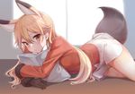  animal_ears black_gloves blonde_hair bow bowtie brown_eyes extra_ears ezo_red_fox_(kemono_friends) fox_ears fox_tail fur_trim gloves hair_between_eyes indoors jacket kemono_friends konnyaku_(kk-monmon) long_hair looking_at_viewer lying miniskirt pantyhose pillow pillow_hug pleated_skirt skirt solo tail white_bow white_neckwear white_skirt window yellow_legwear 