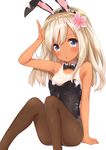 absurdres animal_ears bare_arms bare_shoulders blonde_hair blue_eyes bunny_ears bunny_girl bunnysuit fake_animal_ears flower go-1 hair_flower hair_ornament highres kantai_collection long_hair open_mouth pantyhose pink_flower ro-500_(kantai_collection) simple_background solo tan white_background 