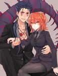  1girl alternate_costume arm_around_waist black_hair black_jacket black_legwear black_neckwear black_pants black_skirt blush bodypaint breasts brown_background business_suit buttons chest_tattoo collared_shirt cu_chulainn_alter_(fate/grand_order) dragon_tail earrings facepaint fate/grand_order fate_(series) formal fujimaru_ritsuka_(female) grey_shirt hair_between_eyes hair_ornament hair_scrunchie holding_hand invisible_chair jacket jewelry lancer long_hair long_sleeves looking_at_viewer low_ponytail medium_breasts necklace necktie one_side_up open_mouth orange_hair orange_scrunchie pants pantyhose pencil_skirt pendant red_eyes scrunchie sharp_teeth shidomura shirt simple_background sitting skirt skirt_suit suit tail tattoo teeth thick_eyebrows wing_collar yellow_eyes 