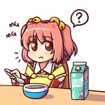  :t ? apron arabic bell bowl breakfast cereal chair character_name checkered checkered_kimono clothes_writing commentary eating english_commentary hair_bell hair_ornament japanese_clothes kimono looking_at_viewer malay mg_mg milk_carton motoori_kosuzu pun red_eyes red_hair short_hair simple_background solo spoken_question_mark spoon table touhou white_background wool_(miwol) 