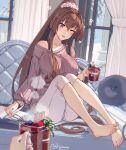  2girls alternate_costume barefoot blush book breasts brown_eyes brown_hair cinnamon_stick collarbone commentary couch cup curtains cushion female_pov food fruit hair_between_eyes hair_intakes highres himeyamato holding holding_cup hot_chocolate indoors kantai_collection large_breasts long_hair long_sleeves looking_at_viewer multiple_girls one_eye_closed pants ponytail pov purple_sweater ribbed_sweater sidelocks signature smile strawberry sweater toes white_pants window winter yamato_(kancolle) 