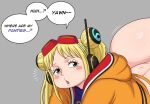  1girl ass blonde_hair goggles green_eyes hood hoodie huge_ass no_panties one_piece oroz_kun solo talking vegapunk_york 