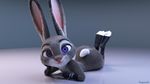  2017 3_toes 3d_(artwork) anthro butt clothing digital_media_(artwork) disney female fur gloves grey_fur hi_res judy_hopps lagomorph legwear long_ears lying mammal mostly_nude nude on_front pink_nose purple_eyes rabbit ragnarok signature smile toes white_fur zootopia 