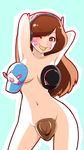  ;) armpits arms_up bangs brown_eyes brown_hair censored contrapposto cowboy_shot d.va_(overwatch) doritos eyebrows_visible_through_hair facepaint food_in_mouth hat headphones long_hair mike_inel navel novelty_censor nude one_eye_closed overexposure overwatch smile solo standing swept_bangs whisker_markings wide_hips 
