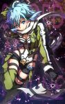  1girl abstract_background anti-materiel_rifle black_gloves black_jacket black_pants black_scarf black_shorts blue_eyes blue_hair bolt_action breasts breasts_apart bullet_hole closed_mouth commentary_request copyright_name cowboy_shot eyelashes fingerless_gloves gloves green_jacket green_pants gun hair_ornament hairclip highleg highleg_leotard highres holding holding_behind_back holding_gun holding_weapon jacket leotard long_sleeves looking_at_viewer medium_breasts medium_hair micro_shorts multicolored_jacket oboro_neko official_style open_clothes open_jacket pants pgm_hecate_ii rifle scarf shorts sinon skindentation smirk sniper_rifle solo standing standing_on_one_leg sword_art_online thigh_gap thighs two-tone_pants two-tone_scarf weapon white_jacket white_leotard white_scarf 