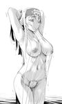  ainu_clothes armpit_hair arms_behind_head blush breasts excessive_pubic_hair fundoshi greyscale hair_between_eyes headband inverted_nipples japanese_clothes kamoi_(kantai_collection) kantai_collection large_breasts long_hair monochrome nipples pubic_hair pubic_hair_peek see-through smile solo standing thick_eyebrows tsukineko wading water wet wet_clothes 