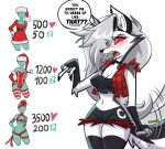 absurd_res anthro armwear blush bottomwear breasts canid canid_demon canine christmas christmas_clothing christmas_headwear cleavage clothed clothing collar curvy_figure demon dialogue dress_up_game ear_piercing elbow_gloves english_text exposed_thighs eye_through_hair female flannel_shirt fur gloves hair handwear hat headgear headwear hellhound helluva_boss hi_res holidays hotpants hourglass_figure legs_together legwear leotard long_hair loona_(helluva_boss) mammal mannequin midriff mythological_canine mythological_creature mythology navel piercing praquina red_sclera santa_dress santa_hat shorts simple_background solo speech_bubble spiked_collar spikes tail tail_motion tailwag text thigh_highs translucent translucent_hair white_background white_body white_eyes white_fur white_hair