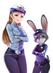  belt blue_neckwear blue_pants blue_shirt breast_pocket breasts brown_eyes brown_hair bunny closed_mouth collared_shirt commentary cowboy_shot crossed_arms crossover d.va_(overwatch) furry gloves hat head_tilt judy_hopps long_hair looking_at_viewer medium_breasts multiple_girls necktie officer_d.va overwatch pants pocket police police_badge police_hat police_uniform policewoman purple_eyes rixch shirt smirk striped striped_neckwear uniform whisker_markings white_background white_gloves wing_collar zootopia 
