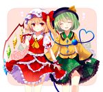  :d ^_^ arms_at_sides ascot bangs blonde_hair blush bow closed_eyes closed_mouth commentary_request cowboy_shot embellished_costume eyeball flandre_scarlet floral_print frilled_shirt_collar frilled_skirt frills green_hair green_skirt hat hat_bow heart heart_of_string komeiji_koishi layered_skirt long_sleeves looking_at_viewer mob_cap multiple_girls open_mouth puffy_short_sleeves puffy_sleeves red_bow red_eyes red_skirt red_vest sakipsakip short_sleeves skirt skirt_set smile third_eye touhou vest wide_sleeves wrist_cuffs 