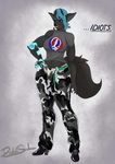  2017 absurd_res anthro big_breasts boots breasts canine clothed clothing cybernetics digital_media_(artwork) distantsouls dragon female footwear glowing glowing_eyes hair hand_on_hip hi_res horn hybrid lips looking_at_viewer machine mammal open_mouth piercing prosthetic simple_background solo standing torn_clothing wolf 