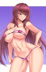  areola_slip areolae arm_at_side armpits ass_visible_through_thighs bangs bare_shoulders bikini blush breasts collarbone contrapposto covered_nipples cowboy_shot eyebrows_visible_through_hair eyepatch_bikini fate/grand_order fate_(series) flying_sweatdrops furrowed_eyebrows gradient gradient_background hand_on_hip hips large_breasts long_hair looking_down micro_bikini navel partially_visible_vulva pink_bikini purple_background purple_hair red_eyes scathach_(fate)_(all) scathach_(swimsuit_assassin)_(fate) shuugetsu_karasu skindentation solo standing stomach straight_hair strapless strapless_bikini sweat swimsuit thighs tsurime underboob very_long_hair 