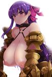  bare_shoulders belt_collar bow breasts claws cleavage collar fate/extra fate/extra_ccc fate_(series) frown gigantic_breasts hair_bow hair_ribbon highres long_hair looking_at_viewer moisture_(chichi) nipples o-ring o-ring_top passion_lip pink_eyes pink_ribbon purple_hair ribbon simple_background solo striped very_long_hair white_background 
