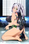  ass assault_rifle blush breasts commentary_request competition_swimsuit fn_scar fn_scar_16 green_eyes gun heterochromia kneeling large_breasts legs long_hair looking_at_viewer one-piece_swimsuit original ponytail rifle silver_hair solo swimsuit thighs utako623 weapon yellow_eyes 