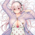  bow breasts cleavage commentary_request eyebrows_visible_through_hair food_print headphones heart-shaped_buttons large_breasts long_hair lying nightgown nitroplus on_back pink_hair purple_sweater red_bow red_eyes smile solo strawberry_print super_sonico sweater tsuji_santa 