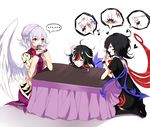  3girls :d ^_^ ahoge anger_vein asymmetrical_wings black_dress black_hair black_legwear blush bow bowtie braid closed_eyes closed_mouth commentary cup dress drinking feathered_wings french_braid head_bump heart highres horns houjuu_nue jacket kijin_seija kishin_sagume kotatsu long_sleeves looking_at_another multicolored_hair multiple_girls musical_note open_clothes open_jacket open_mouth puffy_short_sleeves puffy_sleeves purple_dress red_bow red_eyes red_hair red_neckwear sheya short_hair short_sleeves silver_hair single_wing sitting sixteenth_note smile speech_bubble spoken_ellipsis streaked_hair table touhou white_hair white_wings wings wristband yunomi 
