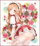  ass asuna_(sao) bangs blonde_hair blouse brown_eyes closed_mouth colored_pencil_(medium) commentary_request dress eyebrows_visible_through_hair floral_background flower grey_legwear lace lace-trimmed_thighhighs light_smile long_hair looking_at_viewer looking_back marker_(medium) parted_bangs pinafore_dress potto puffy_short_sleeves puffy_sleeves red_dress red_flower red_rose rose short_sleeves smile solo sword_art_online thighhighs thighs traditional_media white_blouse 