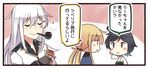  3girls black_hair black_hat black_serafuku blonde_hair blue_eyes blush_stickers brown_gloves closed_eyes comic commentary eighth_note eyebrows_visible_through_hair gangut_(kantai_collection) gloves green_hakama hair_between_eyes hakama hat ido_(teketeke) jacket japanese_clothes kantai_collection kimono long_hair matsukaze_(kantai_collection) meiji_schoolgirl_uniform mini_hat mini_top_hat multiple_girls musical_note open_mouth order_of_the_red_banner pipe pipe_in_mouth polishing remodel_(kantai_collection) satsuki_(kantai_collection) school_uniform serafuku short_hair silver_hair smile smoking sparkle speech_bubble top_hat translated twintails white_jacket white_kimono yellow_eyes 