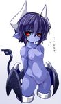  1girl arms_behind_back black_sclera blue_skin blush breasts cropped_legs demon_girl demon_horns demon_tail demon_wings female flying_sweatdrops gradient gradient_background grey_background horns karukan_(monjya) looking_at_viewer low_wings navel nervous nipples nude open_mouth pointy_ears purple_hair pussy red_eyes seizaverus shinrabanshou short_hair side_slit small_breasts solo standing tail text thighlet translation_request uncensored white_background wings 