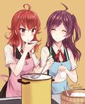  ^_^ ahoge anchor_symbol apron arashi_(kantai_collection) black_vest blouse blush brown_eyes closed_eyes commentary_request dated food hagikaze_(kantai_collection) holding holding_food kabocha_torute kantai_collection ladle long_hair multiple_girls neck_ribbon ohitsu onigiri purple_hair red_hair red_ribbon ribbon rice rice_spoon short_sleeves signature smile sweat twitter_username vest white_blouse 