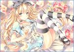  alice_(wonderland) alice_in_wonderland ass bangs black_bow black_footwear black_legwear blonde_hair blue_dress blue_eyes blush bow checkered checkered_background closed_mouth colored_pencil_(medium) commentary_request dress eyebrows_visible_through_hair hair_bow knees_together_feet_apart light_smile long_hair looking_at_viewer marker_(medium) mary_janes original potto puffy_short_sleeves puffy_sleeves sample shoes short_sleeves sitting smile solo striped striped_legwear thighhighs thighs traditional_media white_legwear 