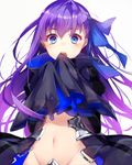  blue_eyes blue_ribbon fate/extra fate/extra_ccc fate/grand_order fate_(series) fujikiri_yana hair_ribbon highres long_hair long_sleeves meltlilith midriff navel open_mouth purple_hair ribbon sleeves_past_wrists solo 