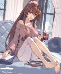  1girl alternate_costume barefoot blush book breasts brown_eyes brown_hair cinnamon_stick collarbone commentary couch cup curtains cushion food fruit hair_between_eyes hair_intakes highres himeyamato holding holding_cup hot_chocolate indoors kantai_collection large_breasts long_hair long_sleeves pants ponytail purple_sweater ribbed_sweater sidelocks signature smile solo strawberry sweater toes white_pants window winter yamato_(kancolle) 