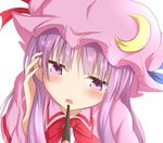  adjusting_hair bangs blunt_bangs blurry blush bow bowtie close-up crescent depth_of_field eyebrows_visible_through_hair face feeding food hand_in_hair hat head_tilt incoming_pocky_kiss long_hair looking_at_viewer mob_cap patchouli_knowledge pink_hat pocky purple_eyes purple_hair ram_hachimin red_bow red_neckwear sidelocks simple_background solo touhou tsurime upper_body white_background wing_collar 