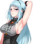  absurdres annoyed arm_up armpits bad_id bad_pixiv_id bare_shoulders biting black_ribbon blue_eyes blue_hair blush breasts center_frills closers commentary_request eyebrows_visible_through_hair from_side hair_ribbon hand_behind_head highres large_breasts lip_biting long_hair looking_at_viewer ndgd parted_lips profile ribbon simple_background solo sweat underbust upper_body very_long_hair violet_(closers) white_background 