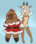 alpaca anthro arm_hair belt blue_background blue_eyes blush body_hair boots brown_belt brown_body camelid chest_hair christmas christmas_clothing christmas_headwear clothed clothing collar costume crossdressing digital_media_(artwork) duo embarrassed female footwear furrowed_brow hat headgear headwear hiroshi_odokawa_(odd_taxi) holidays kewpiekills leg_hair legwear male mammal marine miho_shirakawa_(odd_taxi) odd_taxi open_mouth pinniped pose red_clothing red_collar reindeer_antlers reindeer_costume santa_clothing santa_costume santa_dress santa_hat shoes simple_background tights tusks walrus