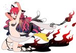  animal_ears barefoot breasts cat_ears cat_tail commentary fang fire full_body jpeg_artifacts kaenbyou_rin kneeling long_hair mashuu_masaki medium_breasts multiple_tails navel nude red_eyes red_hair simple_background skeletal_arm solo tail touhou two_tails white_background 