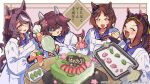  4girls :p animal_ears apron blue_eyes brown_hair cake closed_eyes closed_mouth commentary_request food forehead hair_between_eyes hair_ornament highres horse_ears horse_girl hotani_shin long_hair medium_hair multiple_girls official_art open_clothes pink_eyes pink_hair sakura_bakushin_o_(umamusume) sakura_chitose_o_(umamusume) sakura_chiyono_o_(umamusume) sakura_laurel_(umamusume) school_uniform second-party_source simple_background smile table tongue tongue_out tracen_school_uniform translation_request umamusume umamusume:_star_blossom victory_club_(umamusume) 