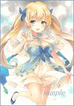  :d bangs blonde_hair blue_bow blue_eyes blush bow breasts capelet colored_pencil_(medium) commentary_request dress frills hair_bow long_hair looking_at_viewer marker_(medium) medium_breasts open_mouth original potto sample smile solo teeth traditional_media twintails white_dress 