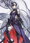  black_gloves black_legwear breasts chain cleavage elbow_gloves fate/grand_order fate_(series) gauntlets gloves greaves haijin helmet holding holding_sword holding_weapon jeanne_d'arc_(alter)_(fate) jeanne_d'arc_(fate)_(all) long_hair looking_at_viewer medium_breasts sheath smile solo sword thighhighs weapon white_hair yellow_eyes 