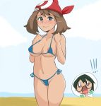  ! 1boy 1girl areola_slip areolae ass bandanna bare_arms bare_shoulders beach bikini blue_bikini blue_eyes blush breasts brother_and_sister brown_hair collarbone creatures_(company) eyebrows_visible_through_hair eyes_closed game_freak glasses haruka_(pokemon) large_breasts looking_at_viewer masato_(pokemon) medium_hair micro_bikini navel nintendo pokemon pokemon_(anime) reach025 siblings side-tie_bikini spoken_character standing swimsuit wavy_mouth 